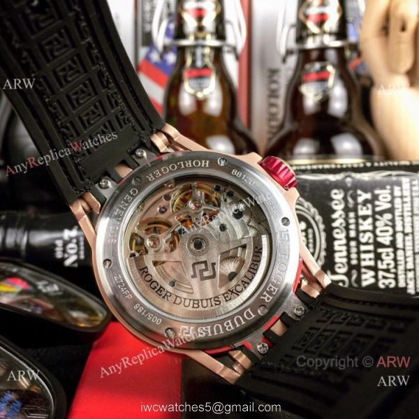 Best Replica Roger Dubuis Excalibur Double Tourbillon Watch Rose Gold Skeleton Face