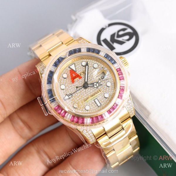 Swiss Grade 1 Replica Rolex GMT Master 2 Rainbow Yellow Gold Watch KSF Eta2836