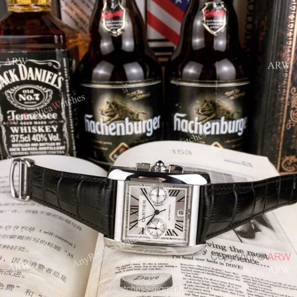 New Copy Cartier Tank Francaise watch SS Diamond Black Leather Band