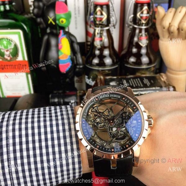 Copy Roger Dubuis Excalibur Flying Tourbillon Watches SS Gray Leather Strap