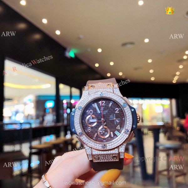 Copy Hublot Big Bang Rose Gold Diamond Blue Dial Watches