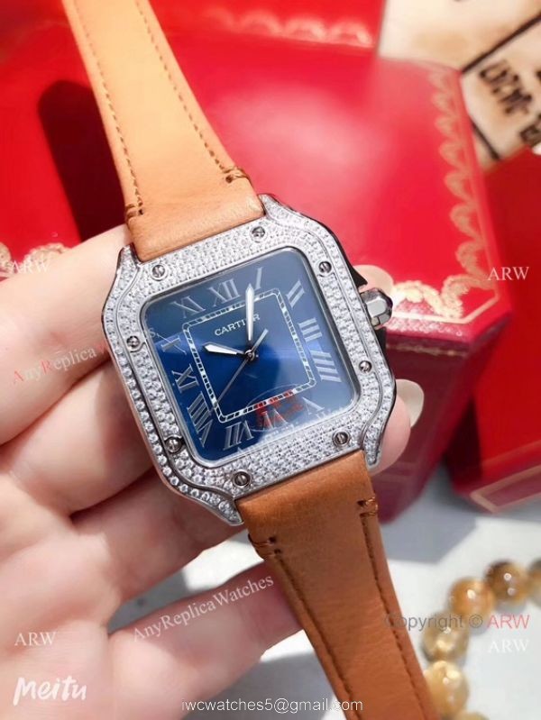 Cartier Santos 100 Diamond Replica Watch SS Diamond Case Blue Leather Strap