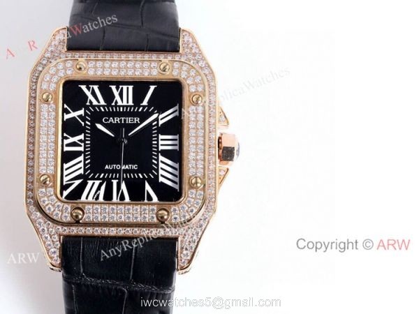 High Quality Cartier Santos De Diamond Case Brown Dial Wrist Automatic