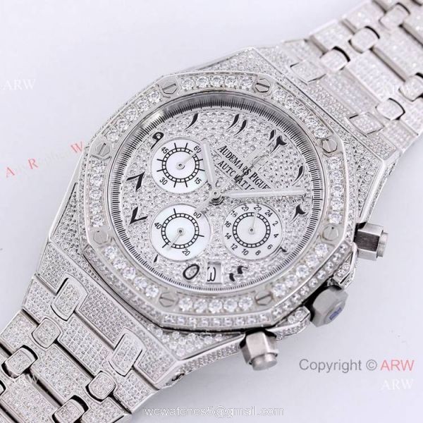 New Replica Audemars Piguet Royal Oak Full Iced Out Watch SS Arabic Scripts Dial