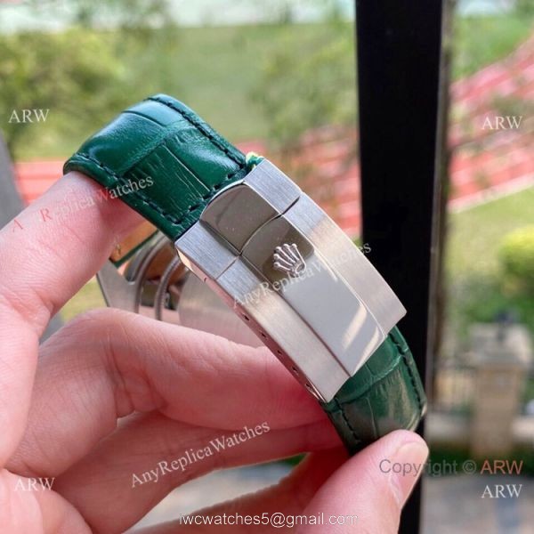 Upgraded Rolex DayDate II Green Dial Leather Strap Watch 41mm