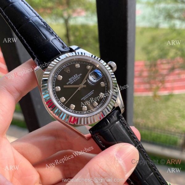 Upgraded Rolex Datejust II Men Watch Black Diamond Dial Leather Band