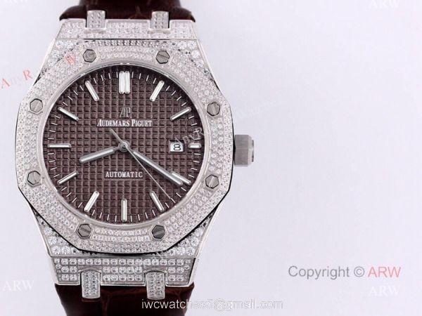 Swiss Audemars Piguet Royal Oak Brown Dial Iced Out Watches Replica For Sale