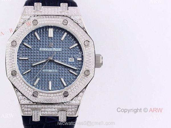 Swiss Replica Iced Out Audemars Piguet Royal Oak Blue Dial Watch Blue Leather Strap