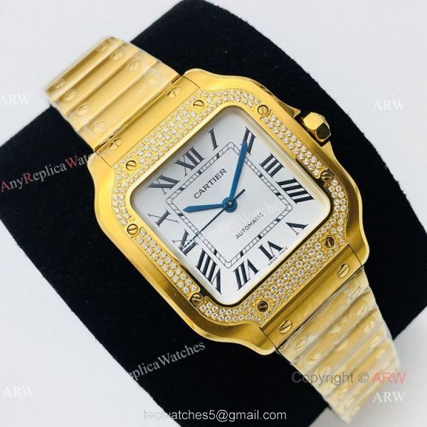 BV Factory 1:1 Replica Ladies Cartier Santos De Cartier All Gold Diamond Watch