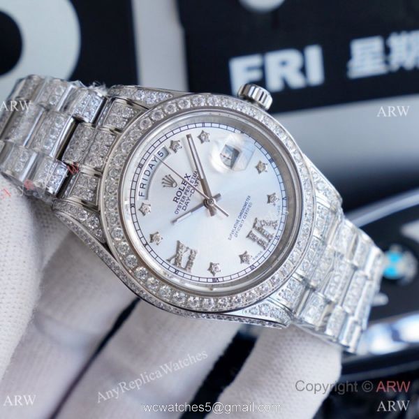 Replica Rolex Day Date II Watches Stainless Steel Iced Out Diamond Case