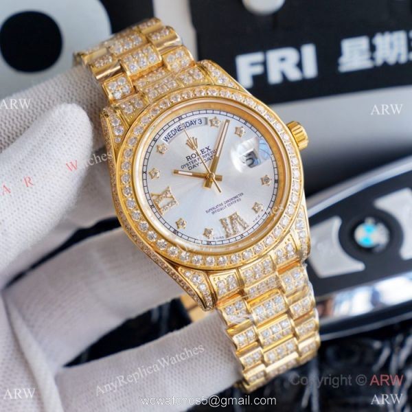 Replica Rolex Day Date II Watches Gold Iced Out Diamond Silver Dial
