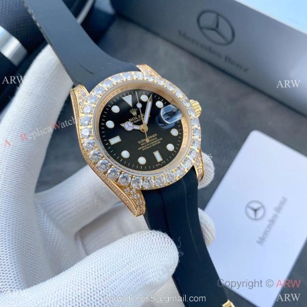 Top Replica Rolex Submariner Iced Out Diamond Watches 40mm Gold Case Blue Rubber Strap