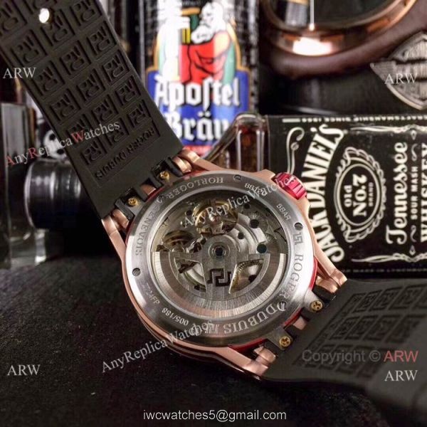 Replica Roger Dubuis Excalibur Double Flying Tourbillon Watches Black Skeleton Dial Rose Gold