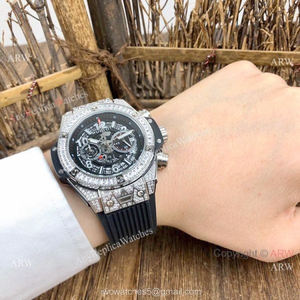 Best Quality Hublot Big Bang Unico Sapphire Iced Out Watches Blue Rubber Strap