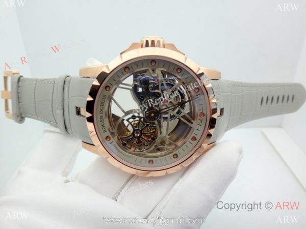 Copy Roger Dubuis Excalibur Flying Tourbillon Watch Rose Gold Gray Leather Strap