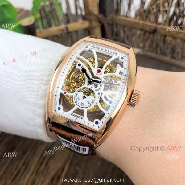 Knockoff Franck Muller Cintree Curvex Skeleton Watches SS Diamond Brown Leather Strap