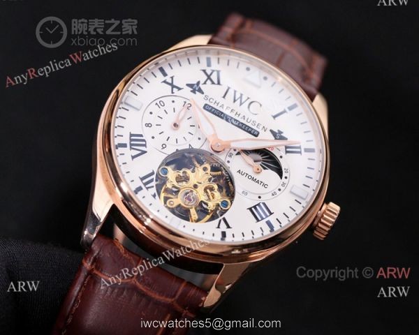 New IWC Schaffhausen Complications Men Watch White Dial Brown Leather Strap