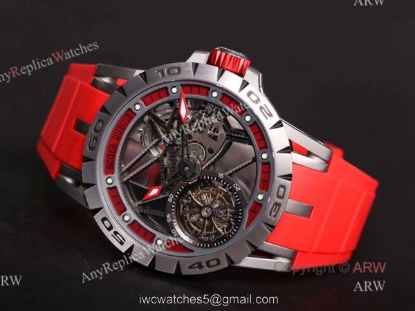 Swiss Replica Roger Dubuis Excalibur Spider Tourbillon Skeleton Watch With Red Rubber Band