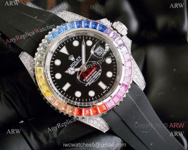 Top Replica Rolex Submariner Watch Rainbow Bezel Blue Rubber Strap