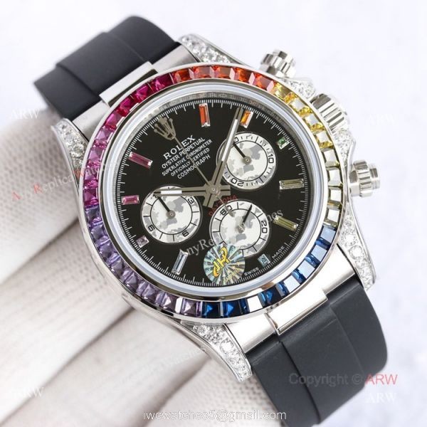Grade 1A Replica Rolex Daytona Rainbow Stainless Steel Oysterflex Strap Watch Automatic