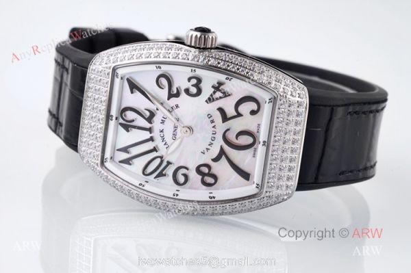 White Pearl Dial Franck Muller Vanguard Diamond Watches For Women 32mm High End Replica