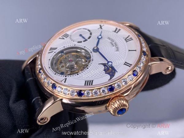 Super Clone Patek Philippe Tourbillon Moon phase Rose Gold Diamond Watch Power Reserve