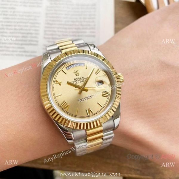Copy Rolex Day Date 40mm Watches Chocolate Dial Two Tone Presidential Band