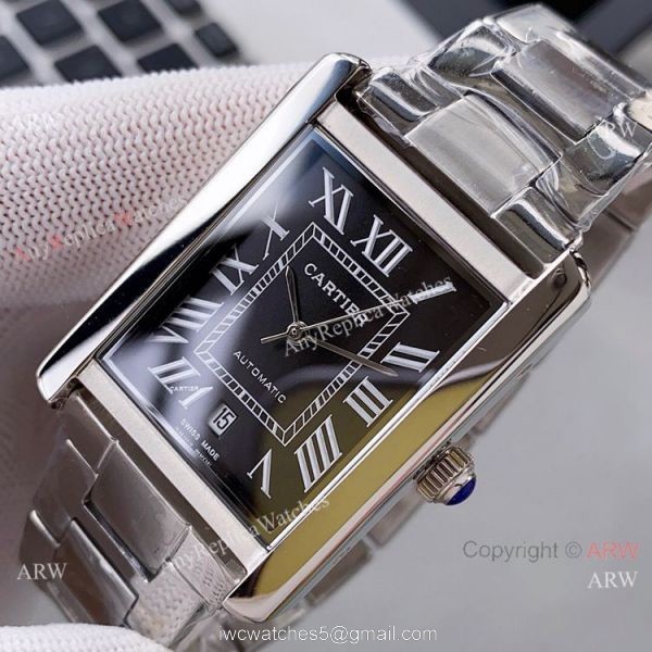 Yellow Gold Cartier Tank Automatic Copy Watch In Black Leather Strap White Dial