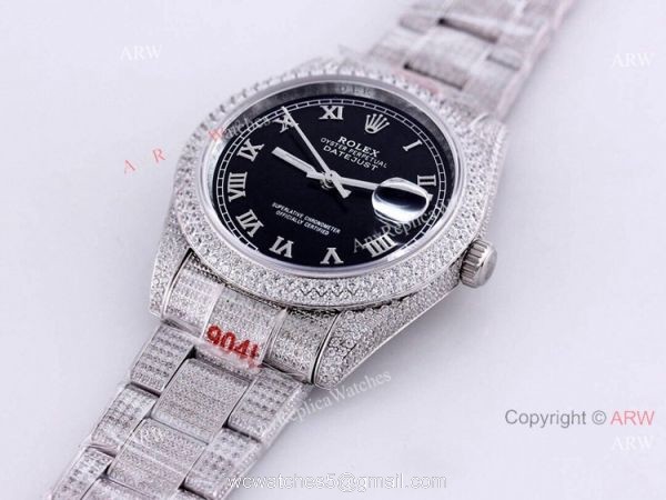 Fully Iced Out Rolex Watch For Mens Rolex Datejust 126334 Black Dial Roman Numerals Replica