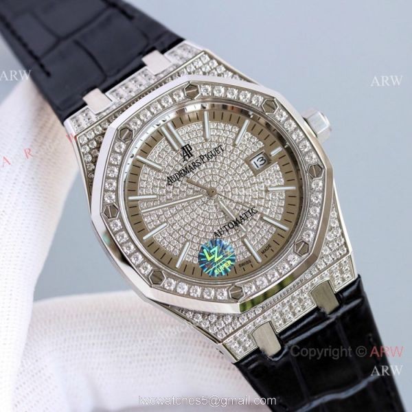 Diamond Audemars Piguet Royal Oak 15400 Watch With Black Leather Strap Best Replica