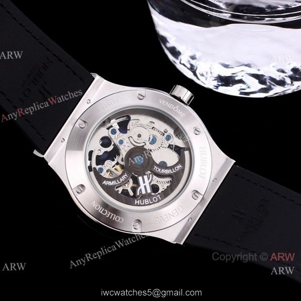 Replica Skeleton Hublot Rainbow Watch Rose Gold 45mm With Brown Leather Strap