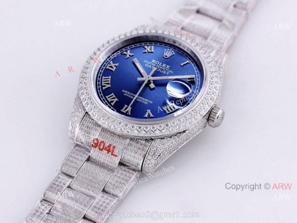 Diamond Rolex Datejust Blue Dial Roman Numerals Automatic Watch Best Replica