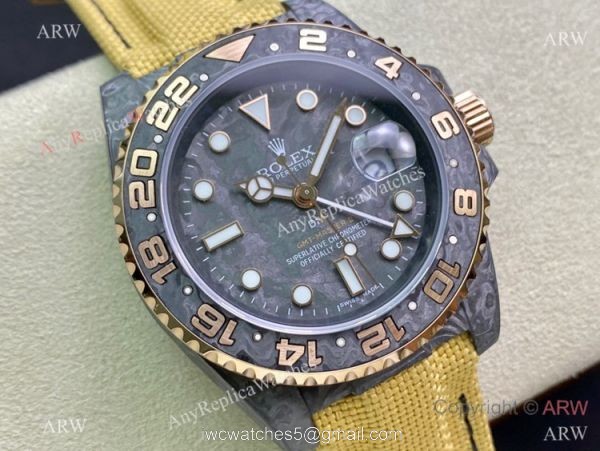 2021 Super Clone Rolex Diw GMT-Master 2 Watch JH Factory Cal.3186 Movement Carbon Case Khaki fabric Leather Strap