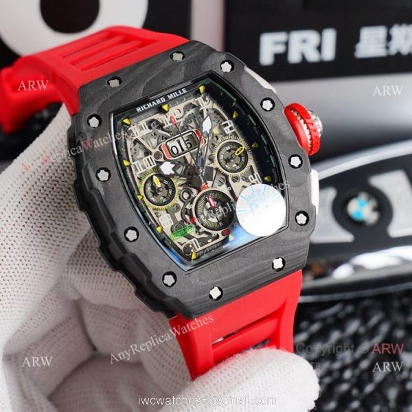 Best Richard Mille Replica Watches RM 11-03 Red Rubber Band Carbon Fiber Watch Automatic