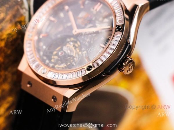 42mm Hublot Rose Gold Classic Fusion Skeleton Tourbillon Diamond Watch Replica