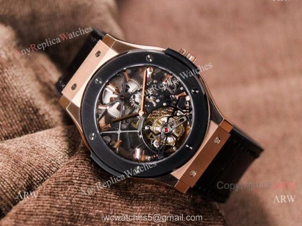 Rose Gold Hublot Classic Fusion Skeleton Tourbillon Black Bezel Watch Best Replica