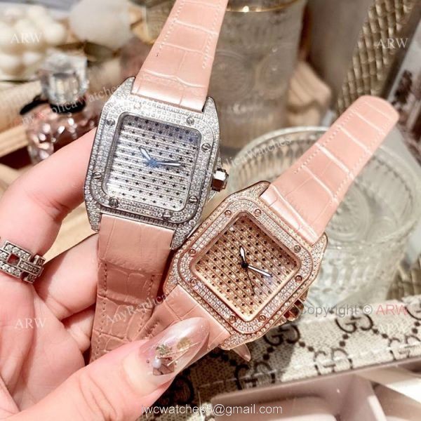 36mm Ladies Cartier Santos 100th Anniversary Full Diamonds Watch Swiss Replica