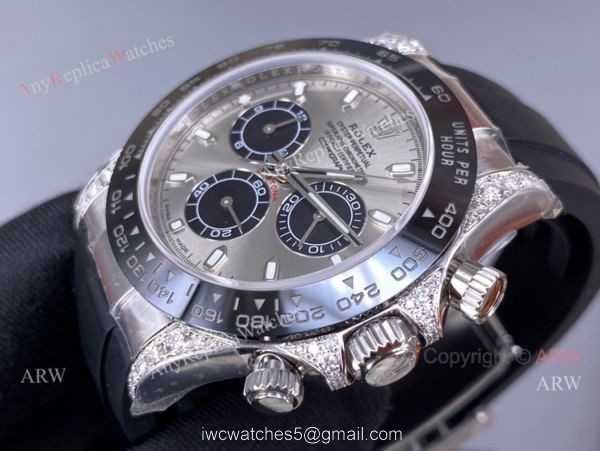Pre-Sale Noob Factory Rolex Daytona Grey Dial Rubber Strap Swiss 4130 Watch with diamonds on the lugs