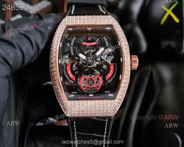 Replica Rose Gold Franck Muller V45 Revolution 3 Skeleton Watch With Diamonds for men