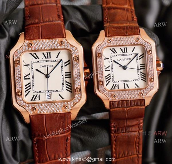 Replica Cartier Santos Yellow Gold White Dial Watch With Diamonds For Men And Women
