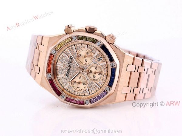 New Frosted Audemars Piguet Rose Gold Royal Oak 41mm Rainbow Diamond Watch Replica