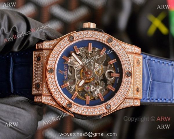 Copy Hublot Classic Fusion Hollow Rose Gold Iced Out Watches