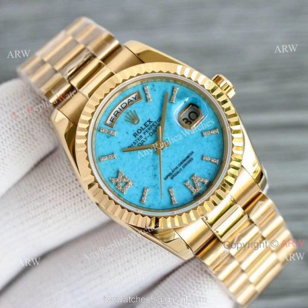 New Yellow Gold Rolex Day Date 36mm Turquoise Roman Dial M128238-0071 Replica Watch