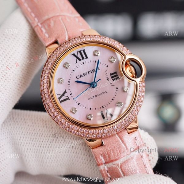 New Ladies Cartier Ballon Bleu 33mm Rose Gold diamond Purple Dial Purple Leather Strap Replica Watches