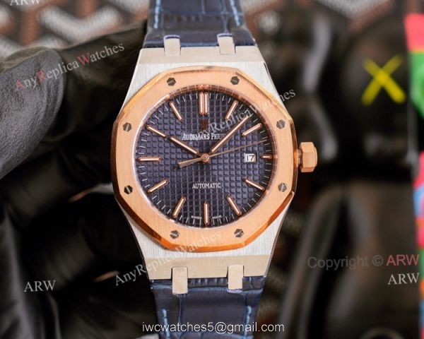 High End Replica Audemars Piguet Royal Oak Rose Gold Grey Dial Automatic Watch With Diamonds Black Leather Strap