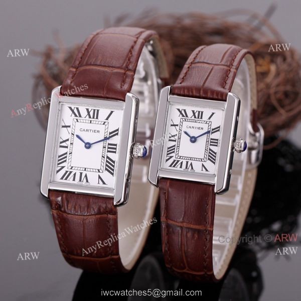 Rose Gold Cartier Tank Couple Watch White Face Brown Leather Strap High Quality Replica