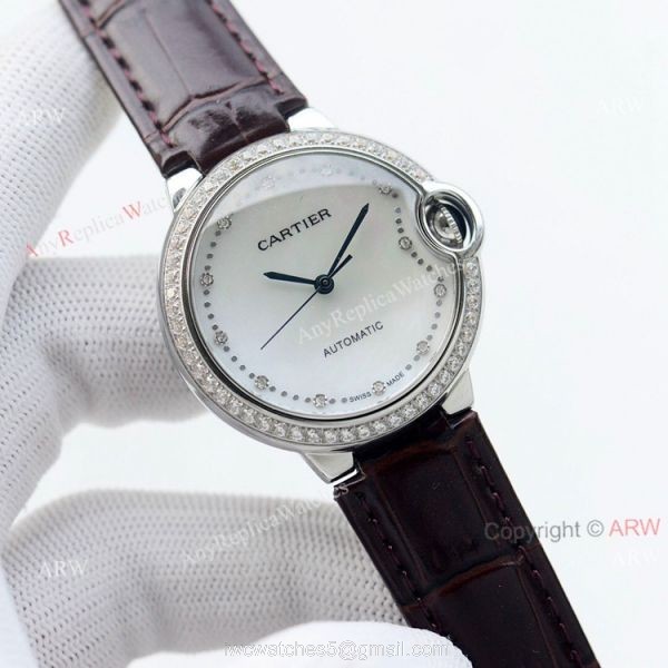 Swiss Quality 36mm Cartier Ballon Bleu Ladies Replica Watch With Diamond Bezel Brown Leather Strap