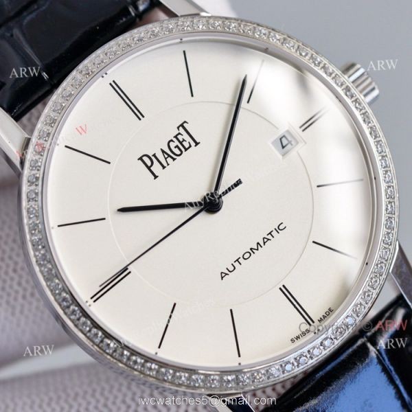 Asia 2824 Piaget Altiplano Black Dial Black Leather Strap Knockoff Watch With Diamond Bezel