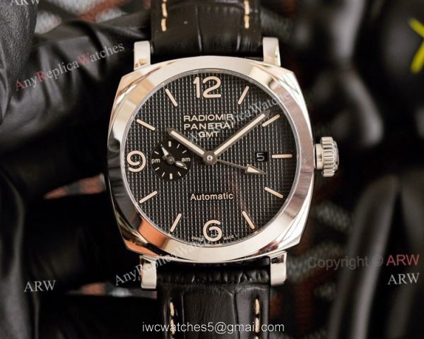 All Black Panerai Radiomir GMT Automatic Watch 45mm Brown Leather Strap High Copy