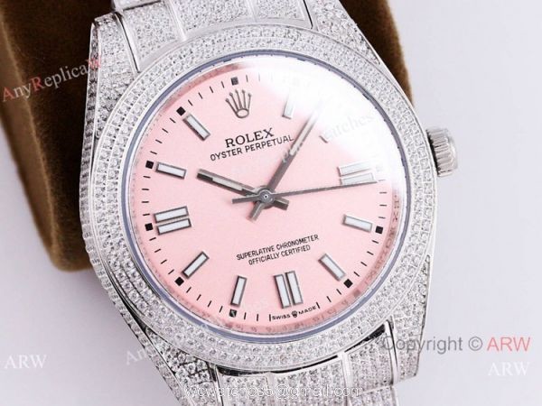 Swiss Quality Copy Rolex Iced Out Oyster Perpetual 41 Watch Candy Pink Dial Mingzhu Movement